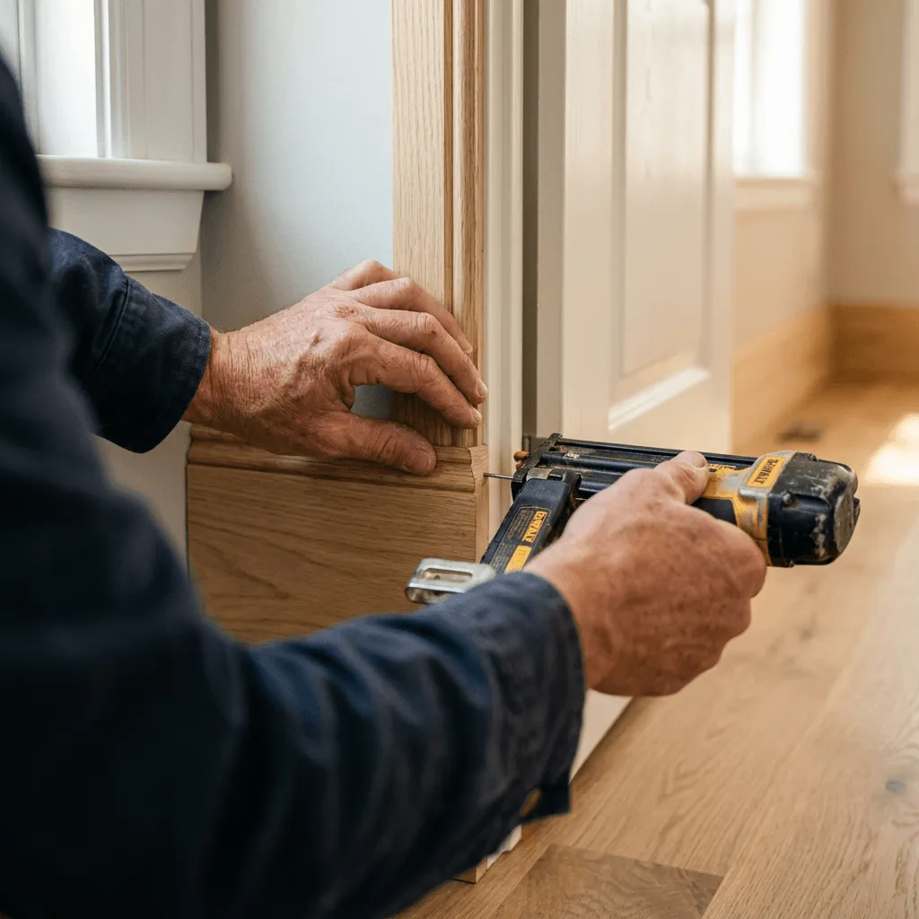 Craftsperson fitting oak trim inside a bright home interior